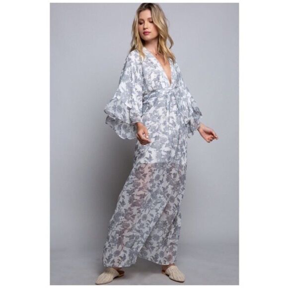 Pol Light Grey Floral Kimono Style Maxi Dress - Picture 6 of 12